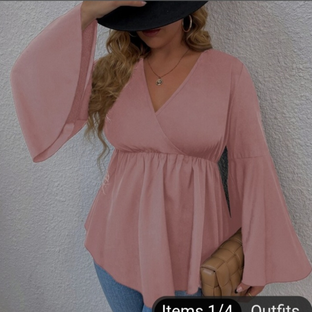 PlusSize Trumpet Sleeve Peplum Hem Blouse